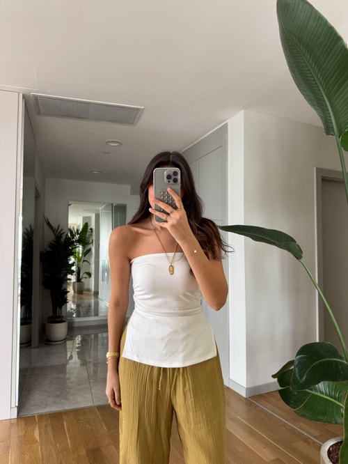 Yanları Yırtmaçlı Straplez Bluz- Ekru