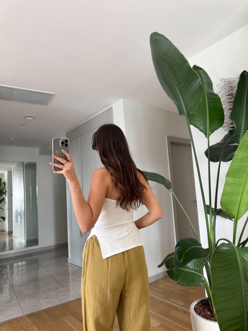 Yanları Yırtmaçlı Straplez Bluz- Ekru