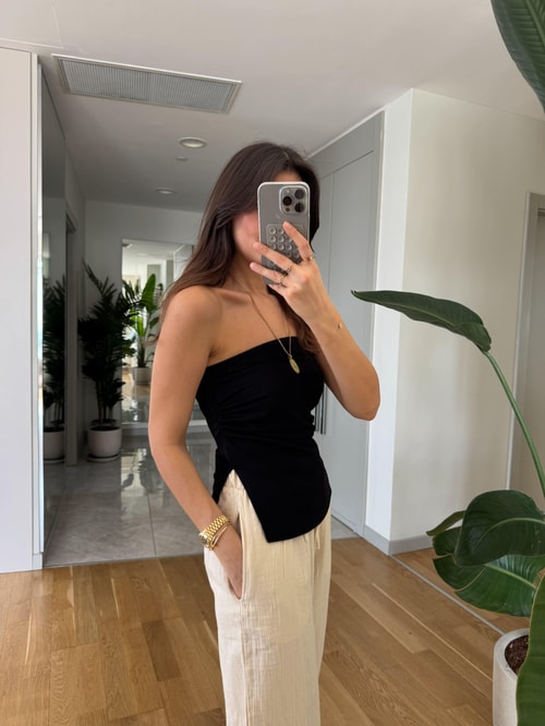 Yanları Yırtmaçlı Straplez Bluz- Siyah