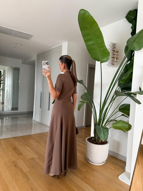 Yarım Kol Fermuarlı Midi Elbise - Camel