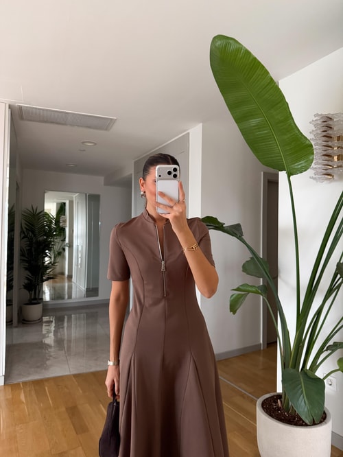 Yarım Kol Fermuarlı Midi Elbise - Camel