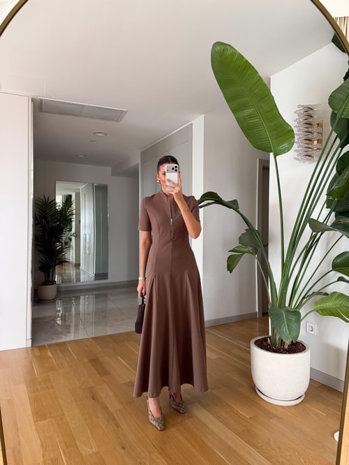 Yarım Kol Fermuarlı Midi Elbise - Camel