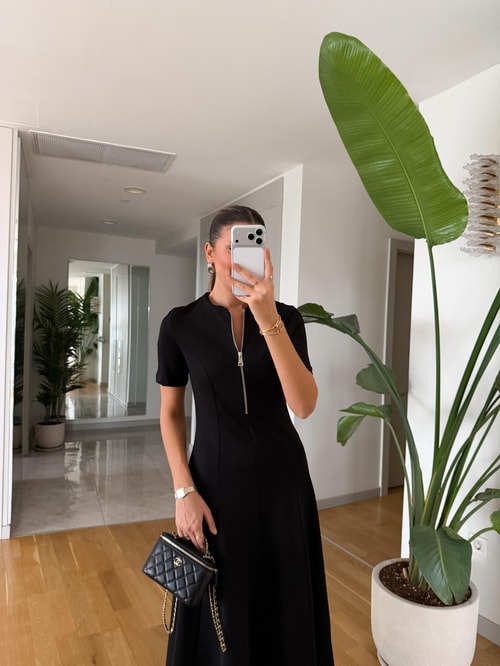 Yarım Kol Fermuarlı Midi Elbise - Siyah