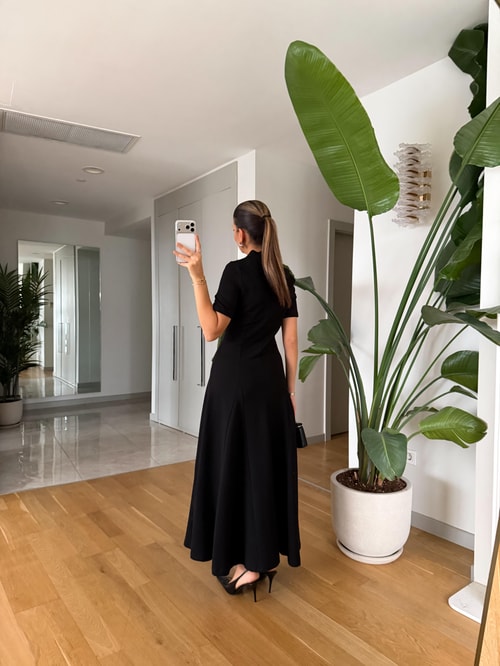 Yarım Kol Fermuarlı Midi Elbise - Siyah