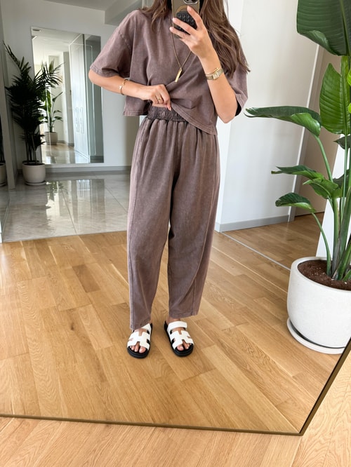 Yıkamalı Tişört Pantolon Takım-Vizon
