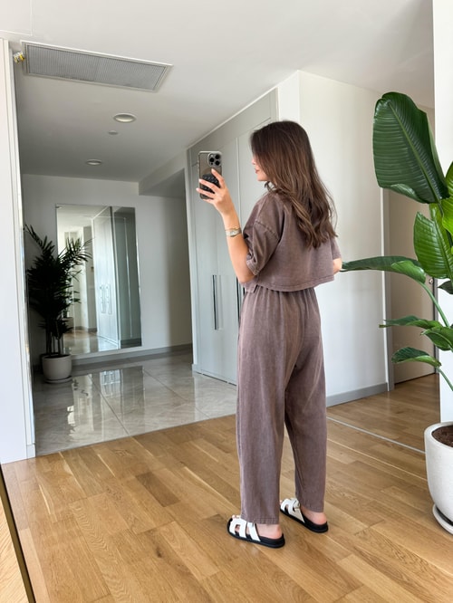 Yıkamalı Tişört Pantolon Takım-Vizon