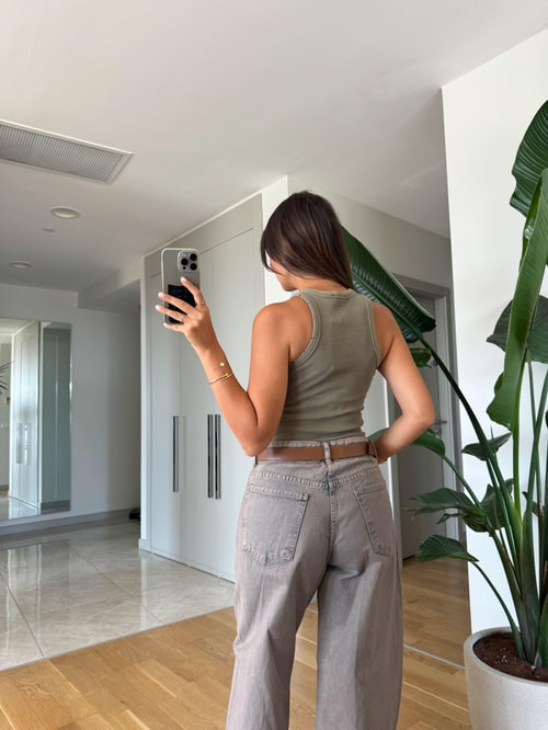 Yıkamalı Yırtık Detaylı Atlet- Haki