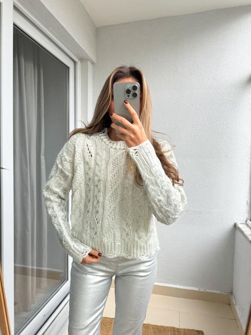 Yırtık Detaylı Parlak Kazak-Silver 