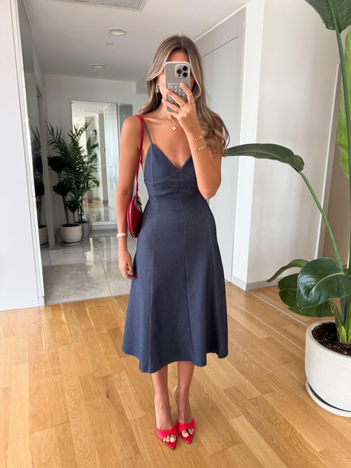 Zr Askılı Midi Denim Elbise 