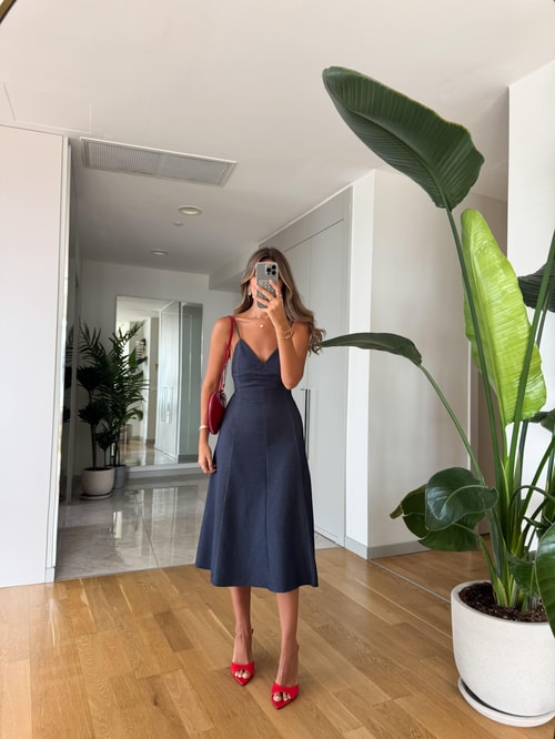 Zr Askılı Midi Denim Elbise 
