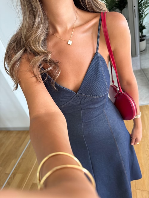 Zr Askılı Midi Denim Elbise 
