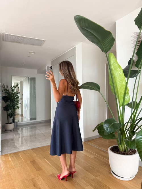Zr Askılı Midi Denim Elbise 