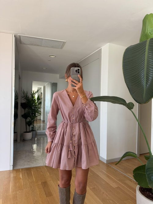 Zr Beli İp Detaylı Mini Elbise - Gül Kurusu