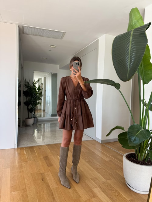 Zr Beli İp Detaylı Mini Elbise - Kahve