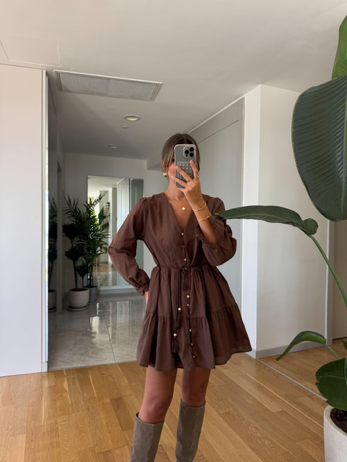 Zr Beli İp Detaylı Mini Elbise - Kahve