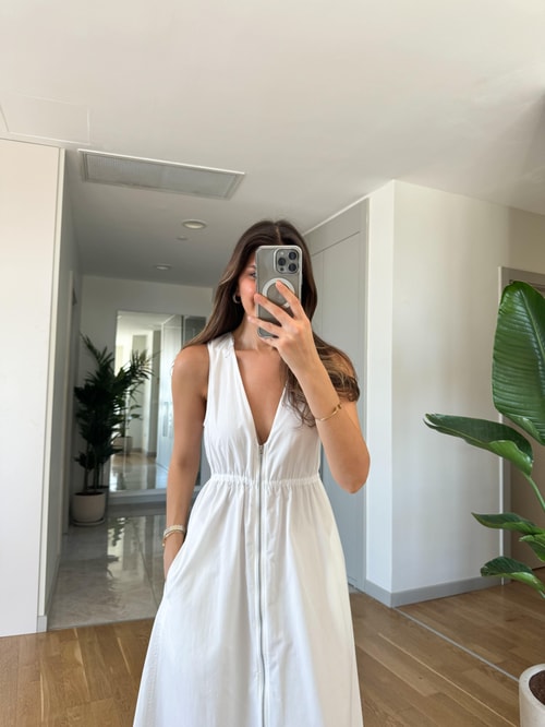 Zr Fermuarlı Poplin Elbise-Beyaz