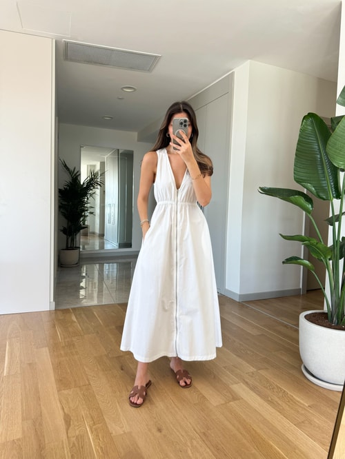 Zr Fermuarlı Poplin Elbise-Beyaz
