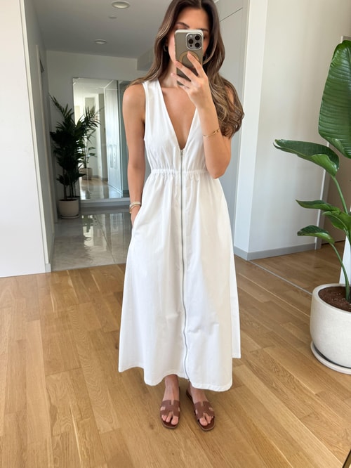 Zr Fermuarlı Poplin Elbise-Beyaz