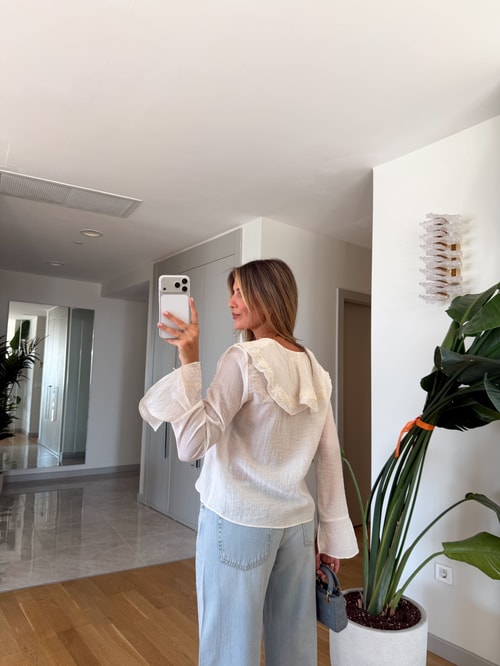 Zr Fırfırlı Nakış Detaylı Bluz - Ekru 