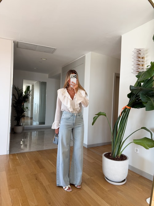Zr Paça Detaylı Wide Leg Jean - Açık Mavi 
