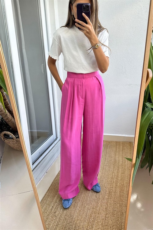 Zr Pembe Tensel Palazzo Pantolon