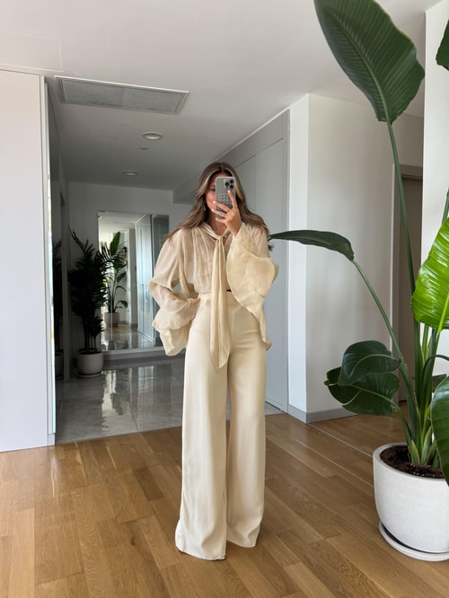 Zr Saten Dokulu Palazzo Pantolon - Ekru