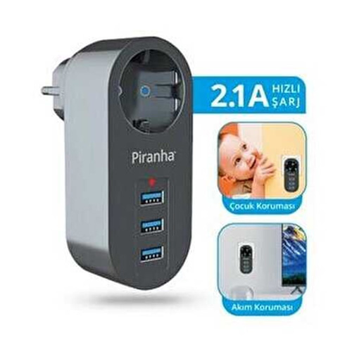 PIRANHA 3385 1Lİ PRİZ 3 USB GİRİŞLİ AKIM KORUMALI