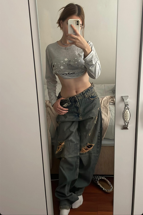Sizden Gelen Eskitme Yırtıklı Wide Leg Jean