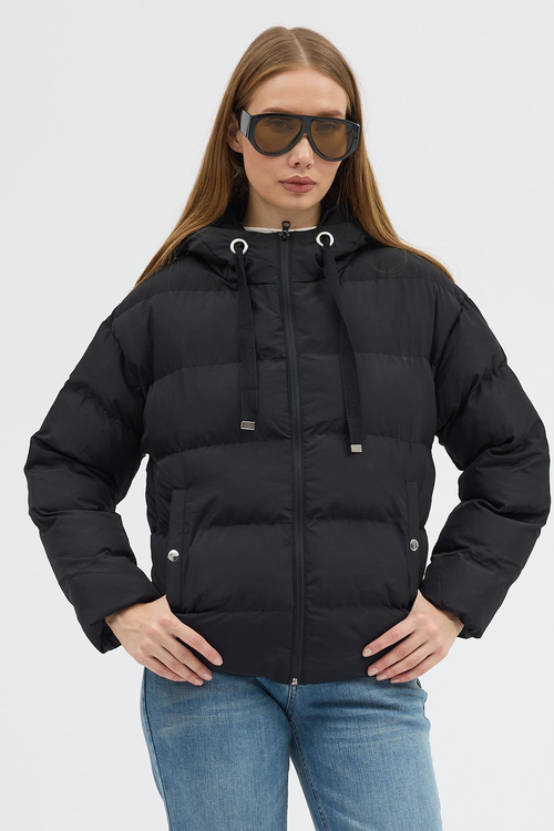 Çift Cepli Fermuarlı Su İtici Kumaş Normal Kesim Dolumlu Şişme Kadın Siyah Mont TBMNT005