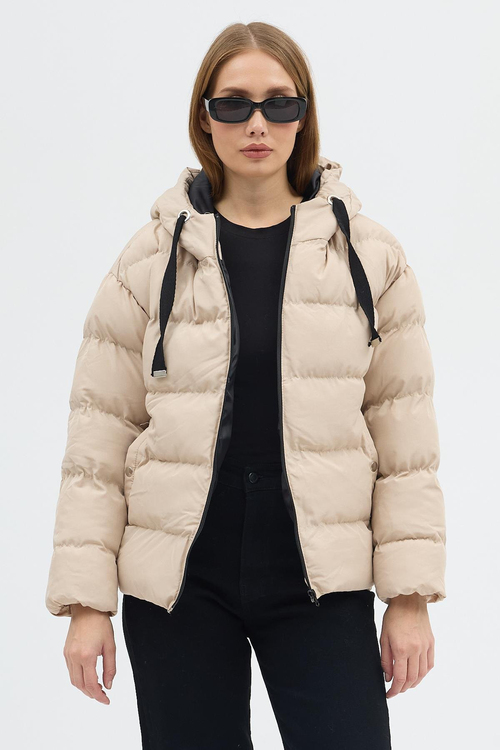 Çift Cepli Fermuarlı Su İtici Kumaş Normal Kesim Dolumlu Şişme Kadın Krem Mont TBMNT005