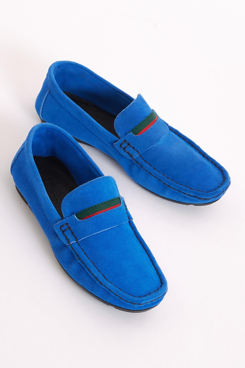Erkek Mavi Önü ve Arkası Şeritli Süet Hakiki Deri Loafer