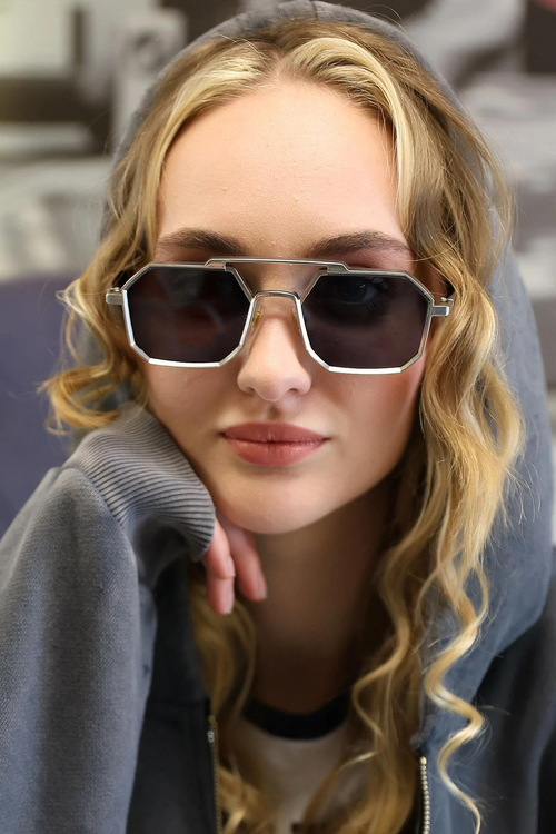 Geometrik Metal Kadın Gümüş Güneş Gözlüğü PWGZLK045