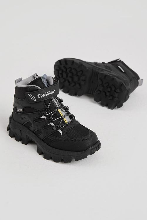 Kalın Kauçuk Taban Lastik Bağcıklı Cırtlı Çocuk Unisex Siyah Gri Outdoor Trekking Bot TBKMN340