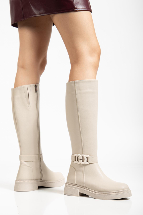 Kalın Termo Taban Tokalı Fermuarlı Kadın Bej Cilt Çizme TBMR0114