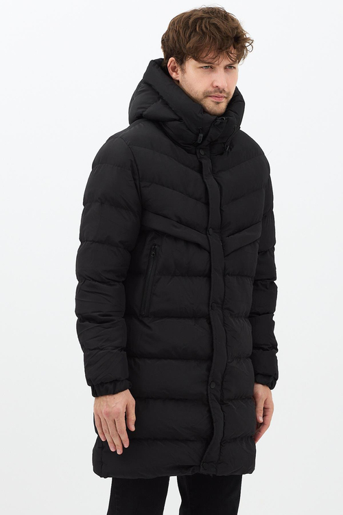 Kapitoneli Dolumlu Kapüşonlu Uzun Erkek Siyah Kışlık Mont TBMNT010