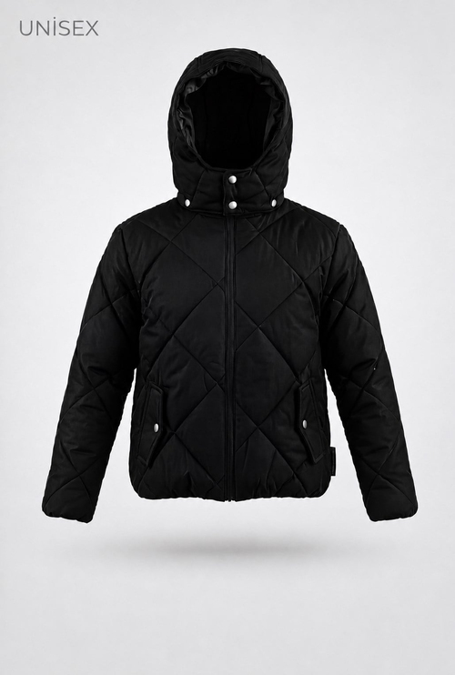 Normal Kalıp Baklava Detaylı Kapüşonlu Mont Çocuk Unisex Siyah Mat  TBDRV015