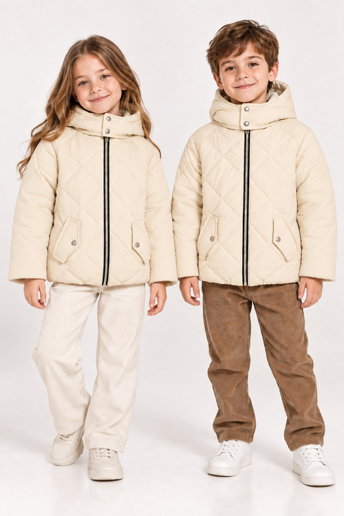 Normal Kalıp Baklava Detaylı Kapüşonlu Mont Çocuk Unisex Krem  TBDRV015