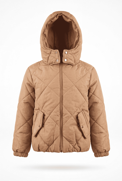 Normal Kalıp Baklava Detaylı Kapüşonlu Mont Çocuk Unisex Vizon  TBDRV015