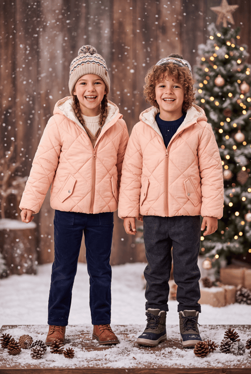 Normal Kalıp Baklava Detaylı Kapüşonlu Mont Çocuk Unisex Pembe  TBDRV015