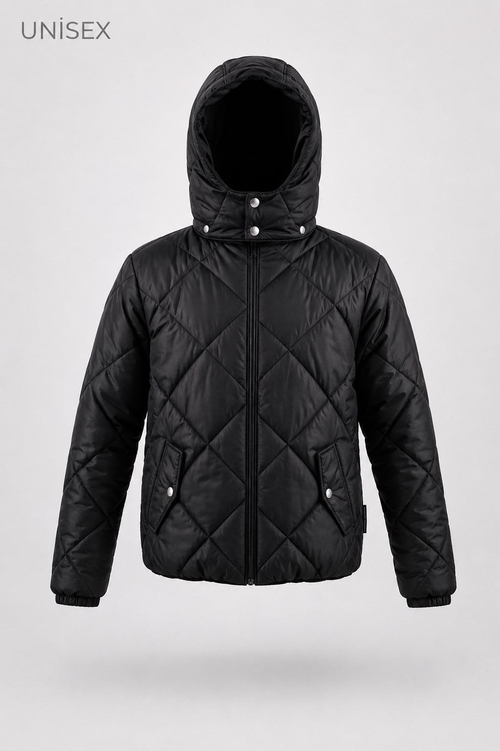 Normal Kalıp Baklava Detaylı Kapüşonlu Mont Çocuk Unisex Siyah  TBDRV015