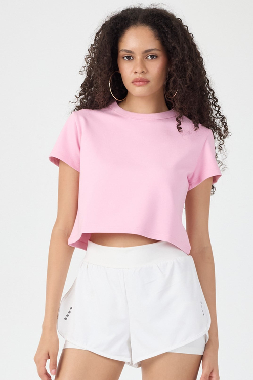 Normal Kalıp Çelik Interlook Kumaş T-Shirt Kadın Pembe T-sHİRT TBTSHRT030