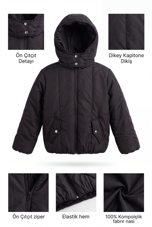 Normal Kalıp Düz Fermuarlı Kapüşonlu Mont Çocuk Unisex Siyah Mont TBDRV020