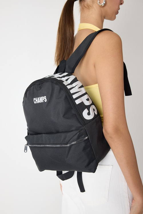 Önü Fermuarlı Baskılı Kumaş Kadın Siyah Sırt Çantası TBPWCNT155