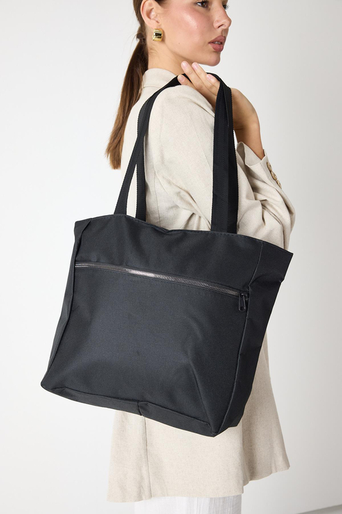 Önü Fermuarlı Büyük Boy Kumaş Kadın Siyah Omuz Çantası TBPWCNT165