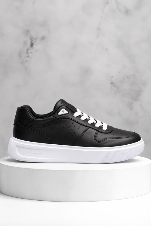 Rahat Kalıp Deri Detaylı Bağcıklı Sneaker Erkek Siyah Beyaz Sneaker TBEKC1903