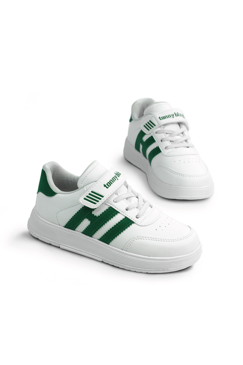 Rahat Kalıp Düz Hafif  Tabanlı Sneaker Çocuk Unisex Beyaz Yeşil Sneaker TBÖZC1903