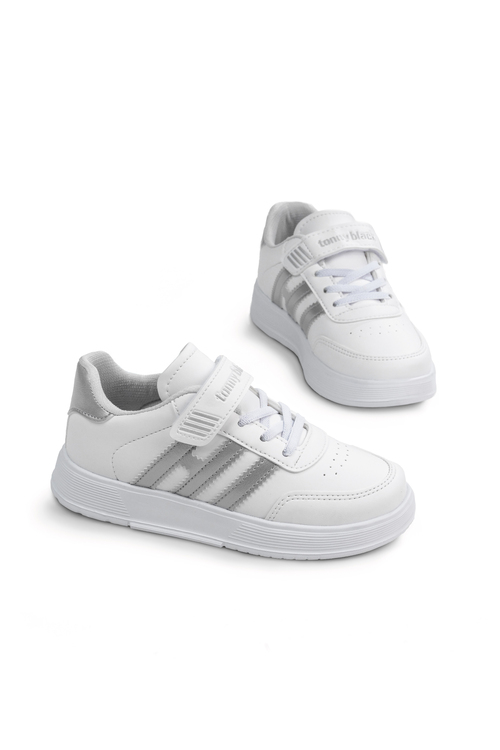 Rahat Kalıp Düz Hafif  Tabanlı Sneaker Çocuk Unisex Beyaz Gümüş Sneaker TBÖZC1903
