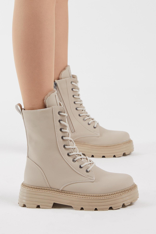 Rahat Kalıp Kalın Taban Bağcıklı ve Fermuarlı Kadın Bej Cilt Bot TBER170