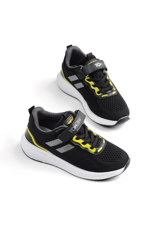 Rahat Kalıp Nefes Alabilen Cırtlı Bağcıklı Sneaker Çocuk Unisex Siyah Sarı Sneaker TBTMKD040