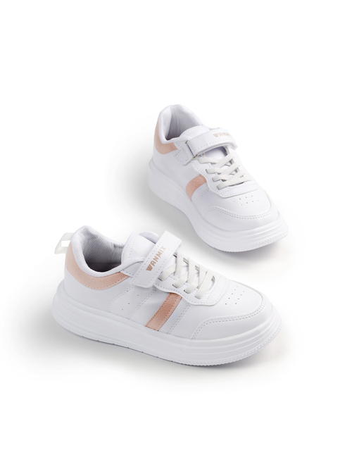 Rahat Kalıp Yanı Cizgili Cırtlı Sneaker Çocuk Unisex Beyaz Pudra Sneaker TBKRD016